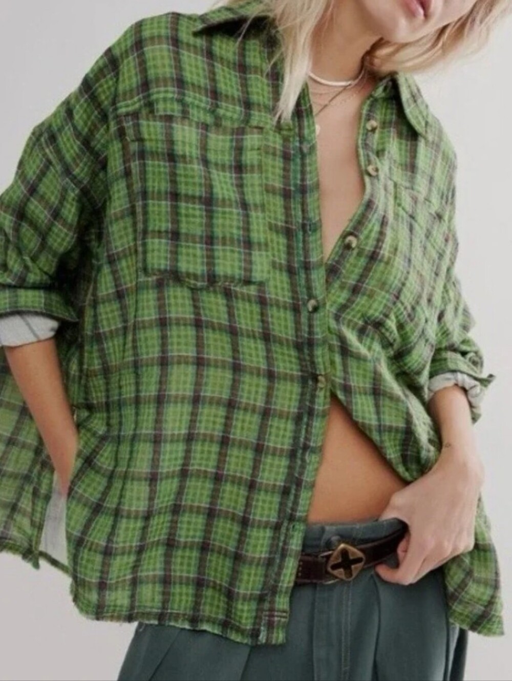 Free People NWOT Cardiff Plaid Top in Green Combo sz SML